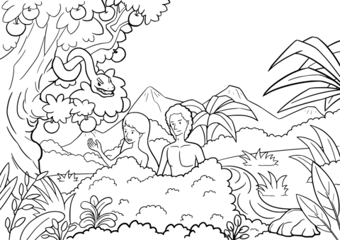 Adam And Eve Tempted By The Serpent Coloring Page